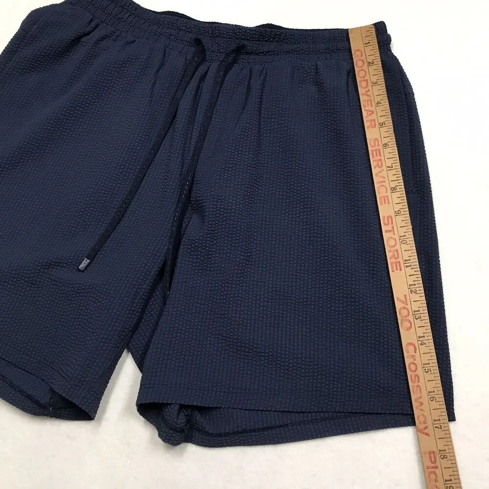 LULULEMON Textured Swim Short Men L Navy Blue Linerless Drawstring Stretch